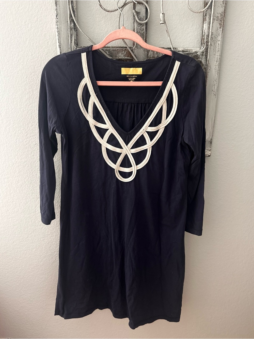 Navy Women's V-Neck Tunic Dress with White Braided Detail